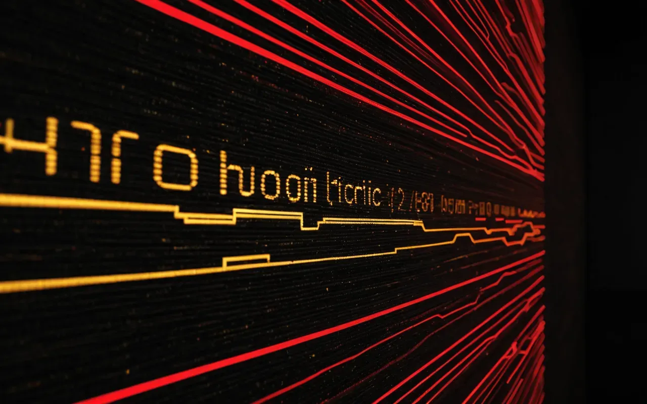 Abstract digital art composition featuring flowing lines of light in red and gold against a dark background representing data streams and electronic signals.
