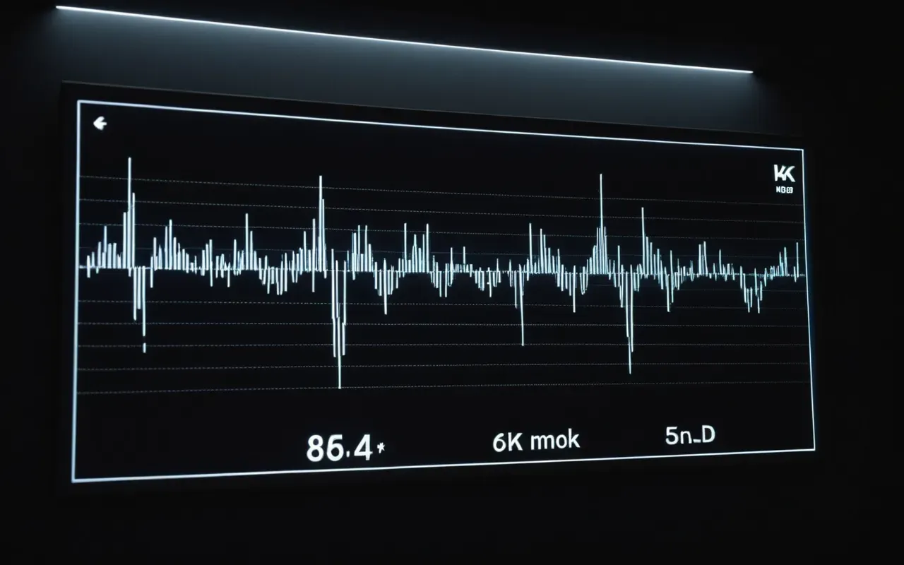 Abstract representation of sound waves emanating from a central point on a dark background with soft gradient colors indicating volume levels without any text or labels visible
