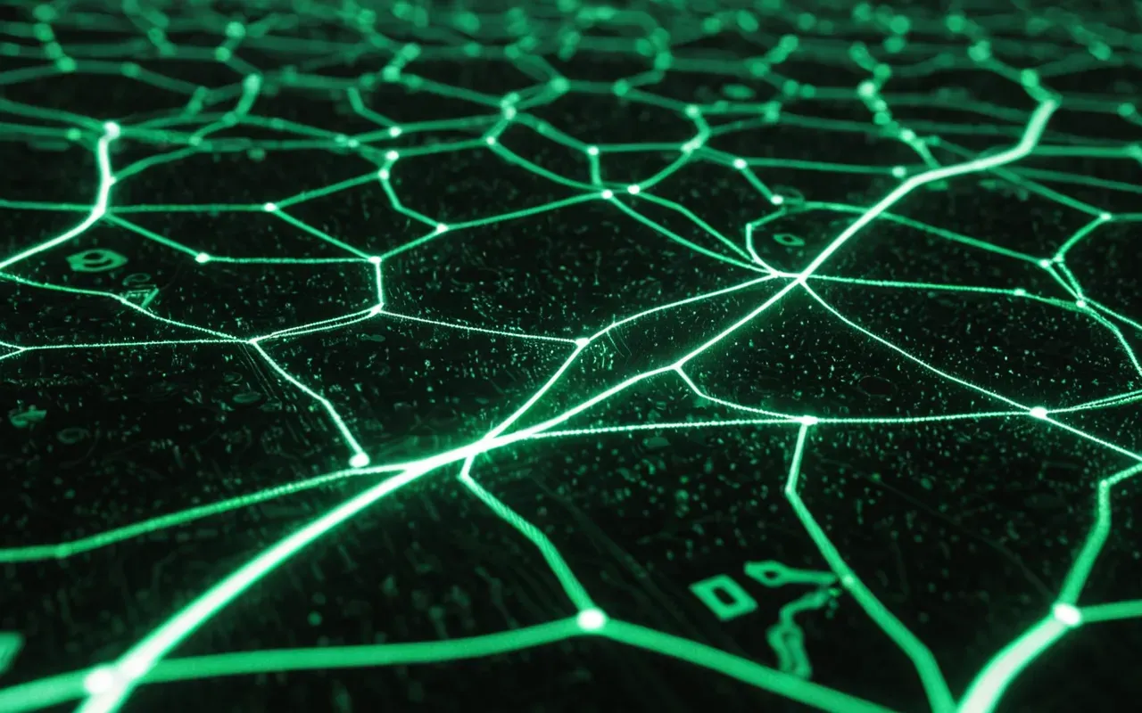An abstract conceptual image featuring glowing digital network lines connecting organic leaf shapes with circuit board patterns symbolizing fusion between natural camouflage strategies and advanced technology used in modern video gaming environments creating visually striking contrast blending biological forms electronic structures seamlessly together.