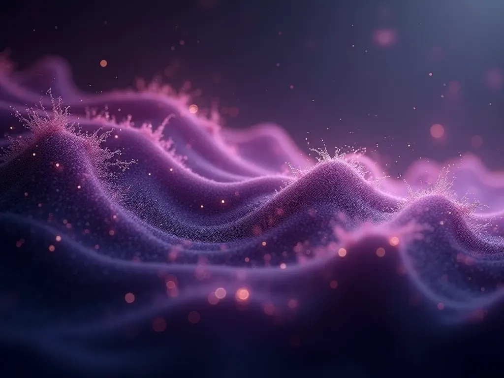 An abstract digital art piece featuring swirling purple and black energy waves representing dark matter concepts in space with glowing particles.
