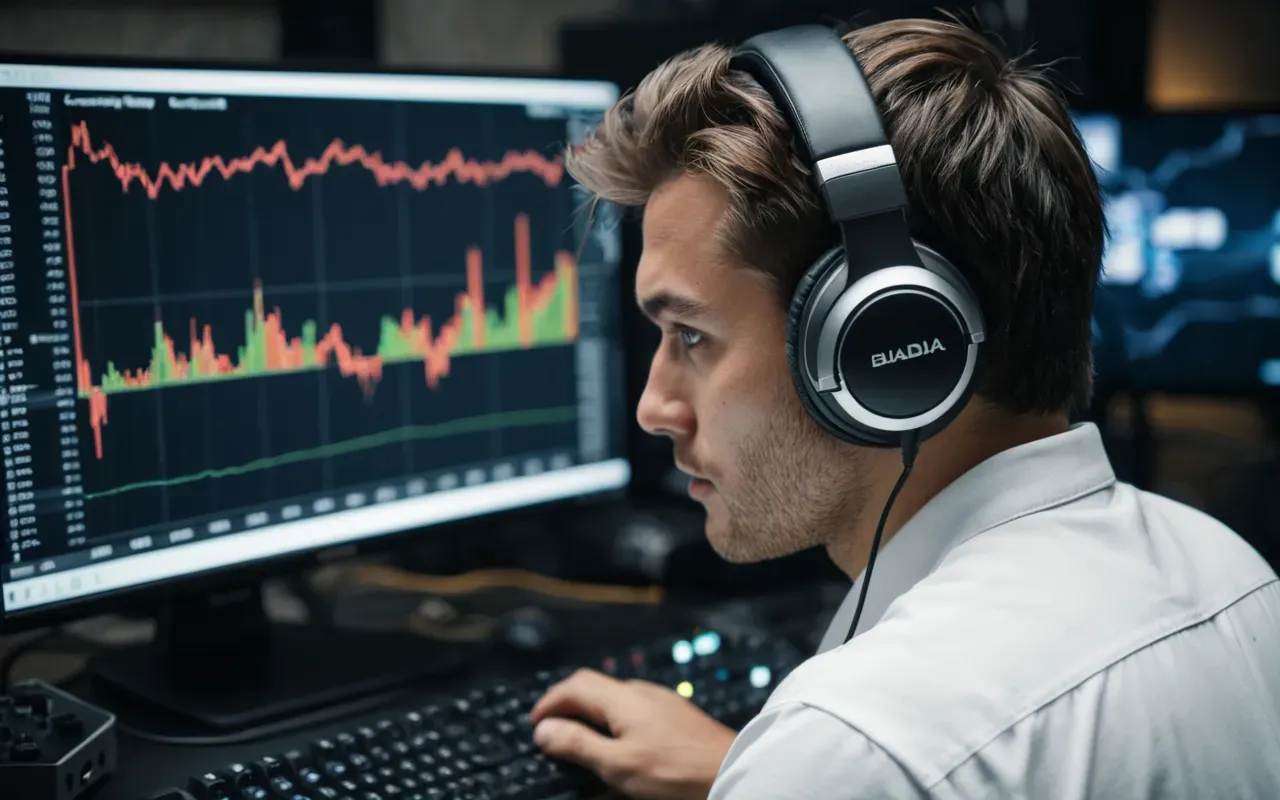 Close-up editorial shot of a gamer wearing white noise-canceling headphones staring intensely at multiple computer monitors displaying complex data charts and game interfaces in a dark room with neon ambient lighting.