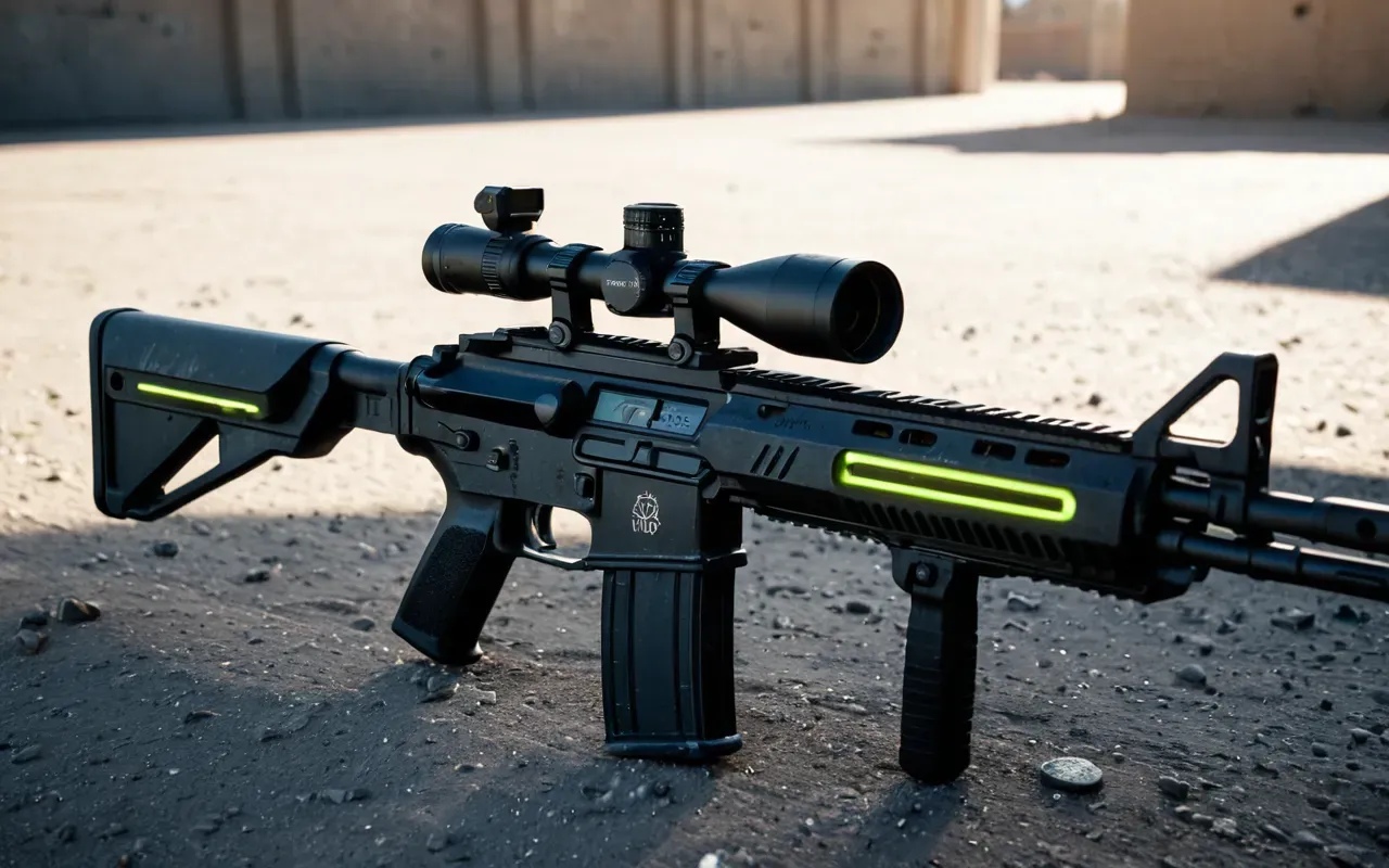 Close up of a futuristic assault rifle with glowing neon accents lying on concrete ground. Dust particles float in the air illuminated by harsh sunlight. The weapon has intricate details and tactical attachments.
