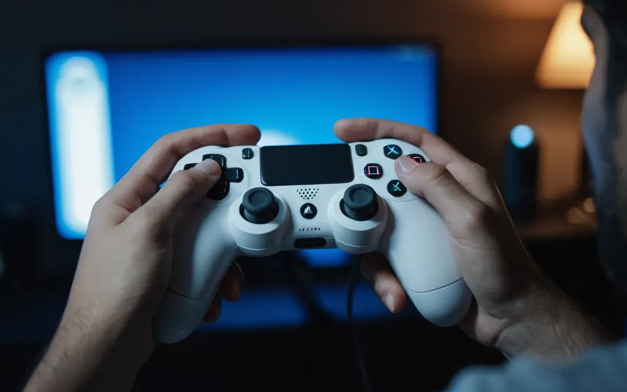 Close-up of a gamer's hands holding a white controller in a dimly lit room with blue ambient lighting from the background screen