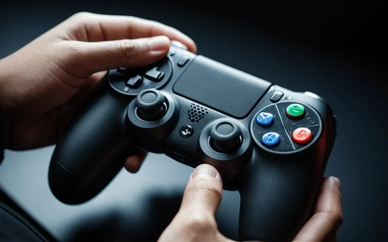 Close-up of a hand holding a modern wireless gaming controller with textured grips and colored buttons, dark background with soft focused lighting on the device.