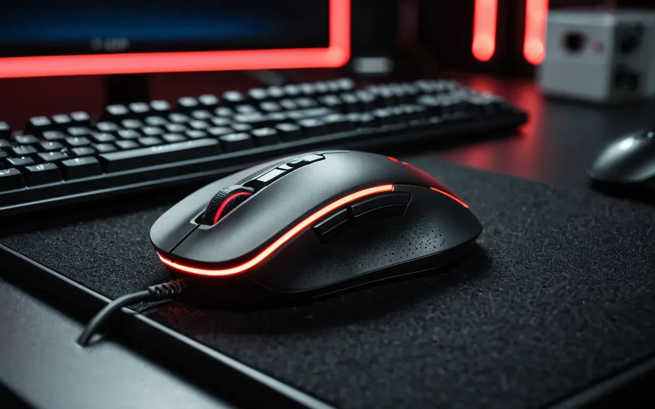 Close up of a modern gaming mouse with red LED lighting resting on a clean black desk mat next to a mechanical keyboard in dim ambient room light.