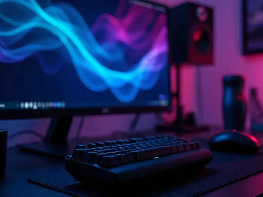 Close-up of a modern gaming setup with a high-resolution monitor displaying abstract geometric shapes in dark blue and purple tones, soft ambient lighting from RGB strips, shallow depth of field on the keyboard