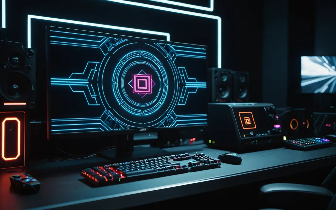 Close-up of a modern gaming setup with a high-refresh-rate monitor displaying abstract geometric shapes and glowing neon accents in the dark room.