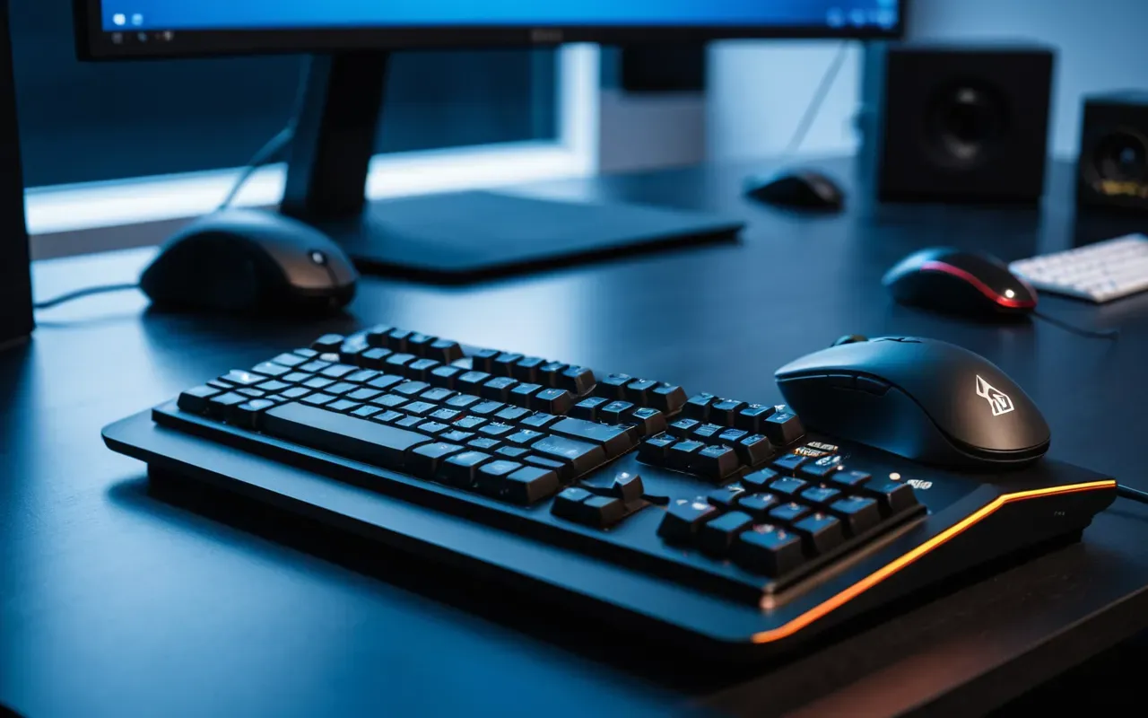 Close-up of a modern gaming setup with a high-end mouse and keyboard on a clean desk surface, soft blue ambient lighting, shallow depth of field focusing on the peripheral devices.