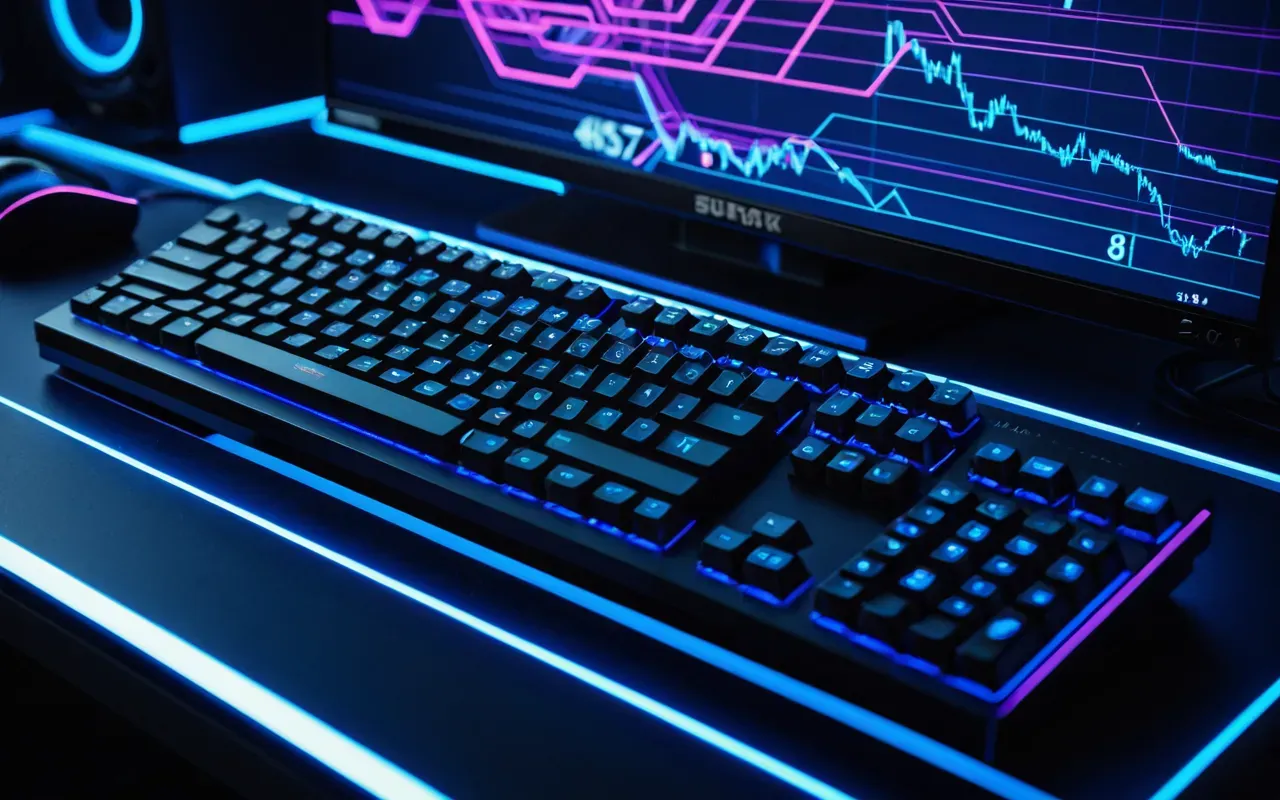 Close-up of a modern gaming setup with a mechanical keyboard and high-refresh rate monitor displaying abstract geometric shapes in neon blue and purple hues under dim ambient lighting.