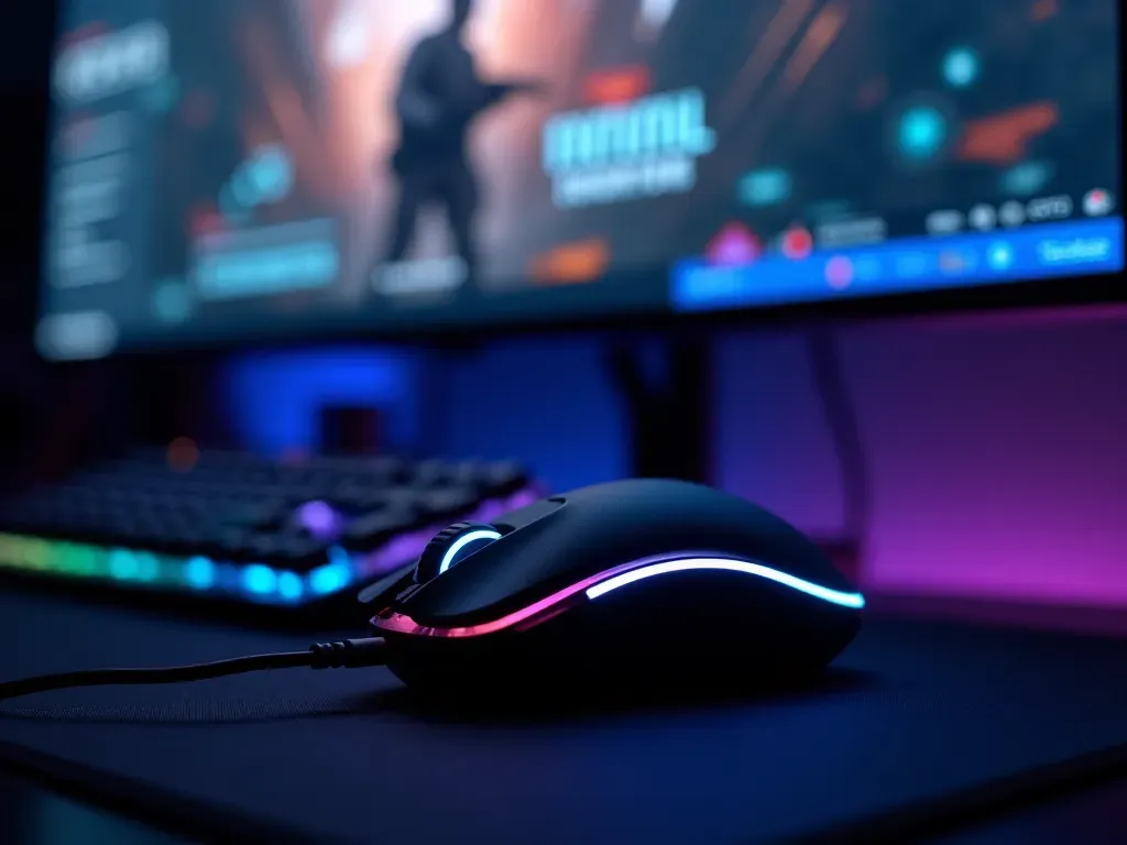 Close-up of a modern gaming setup with a mechanical keyboard, RGB mouse, and a large curved monitor displaying a tactical shooter menu, soft blue and purple ambient lighting, editorial photography