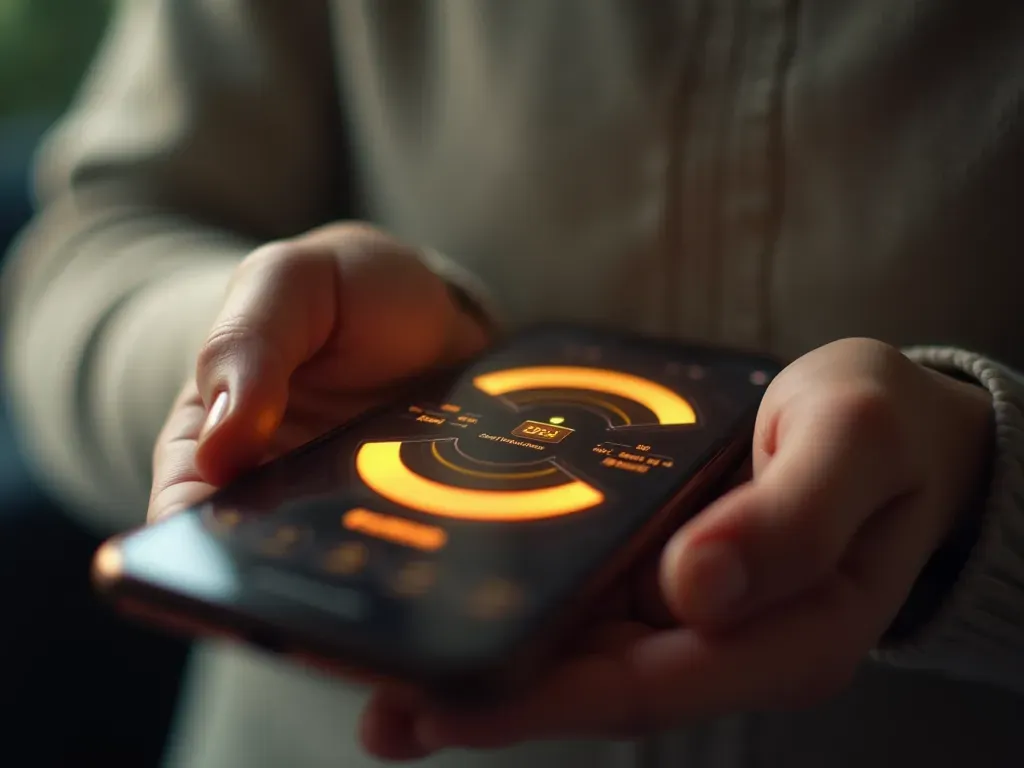 Close-up of a smartphone screen displaying abstract circular progress indicators in soft orange and yellow tones, held by hands with natural skin texture, blurred background suggesting an indoor setting