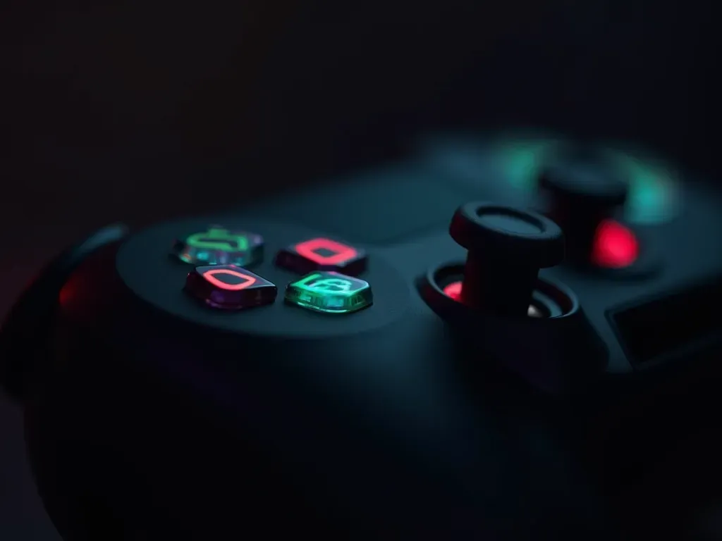 Close up of gaming controller with glowing buttons in dark room