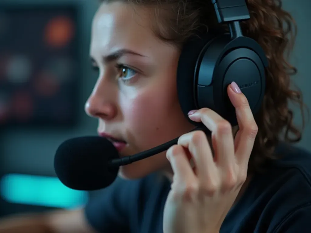Close up of hand adjusting gaming headset microphone carefully