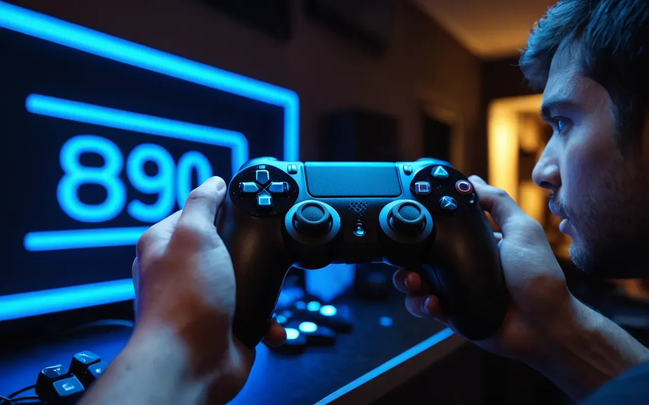 Close-up photo of a gamer holding a controller with intense focus in a dimly lit room illuminated by blue LED strip lights reflecting off the plastic surface showing determination on their face