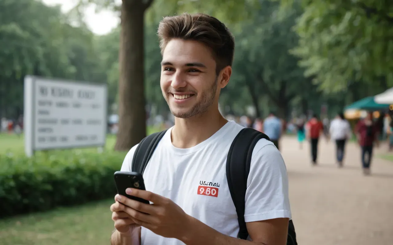 Close-up portrait of young adult smiling gently while looking away from camera lens holding smartphone loosely in hand blurred background suggesting outdoor park setting daytime