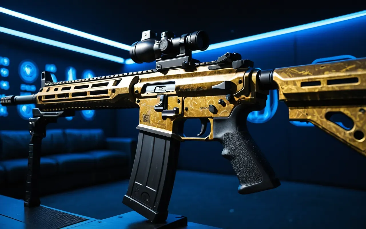 Close-up shot of a futuristic assault rifle with gold textured camouflage patterns glowing under dim blue ambient lighting in a dark gaming room. No text visible.