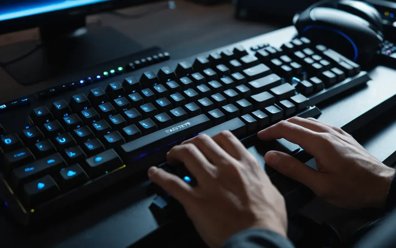 Close-up shot of a gamer's hands on a mechanical keyboard with RGB lighting reflecting off the fingers in a dimly lit room