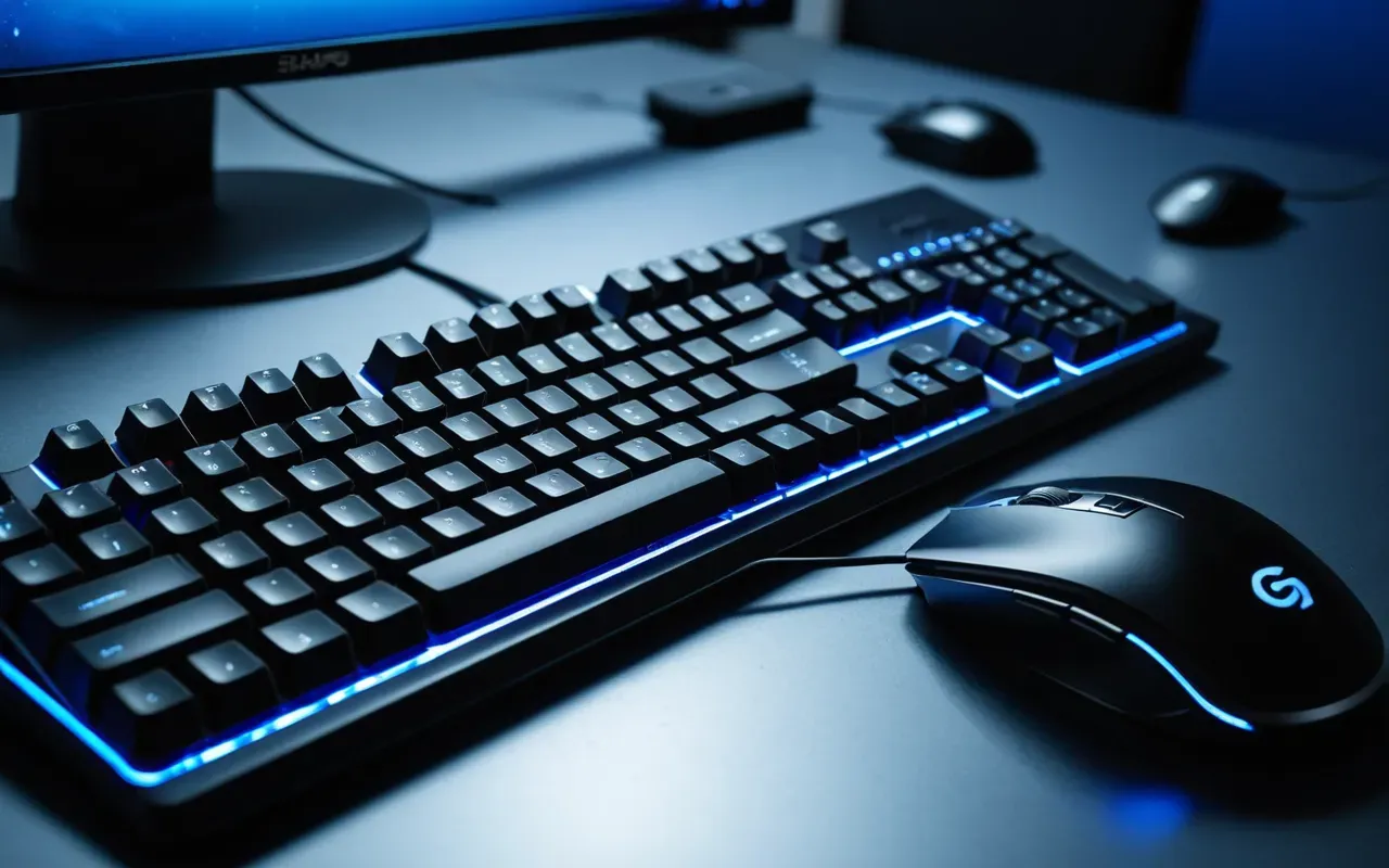 Close-up shot of a high-end gaming keyboard and mouse on a clean desk with soft ambient blue lighting reflecting off the metallic surfaces creating a focused esports atmosphere without any text visible