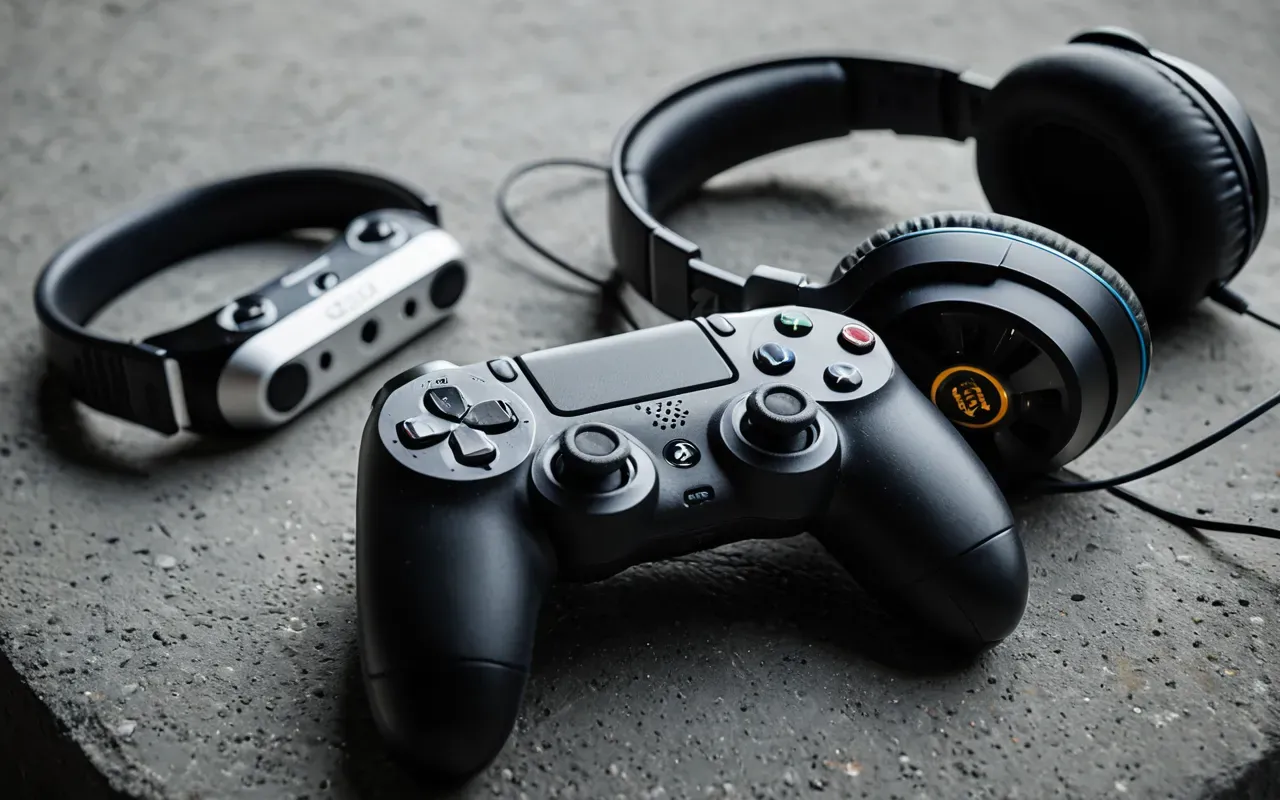 Close-up shot of a modern gaming controller resting on a textured concrete surface next to a tactical headset with soft ambient lighting highlighting the details without any text or branding visible.