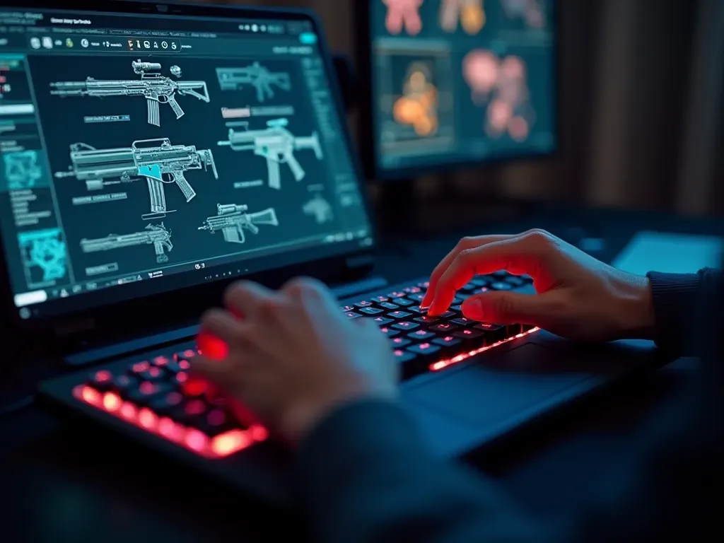 Close up view of hands typing rapidly on a mechanical keyboard with RGB lighting while a digital tablet displays detailed tactical maps and weapon schematics in sharp focus against dark background