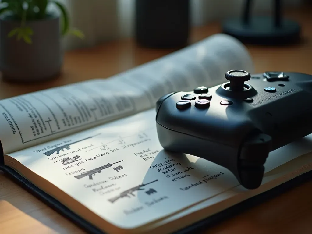 Detailed close up of gaming controller resting on desk next to open notebook filled with handwritten notes about game strategies and weapon configurations under warm ambient lighting creating cozy atmosphere for study session preparation