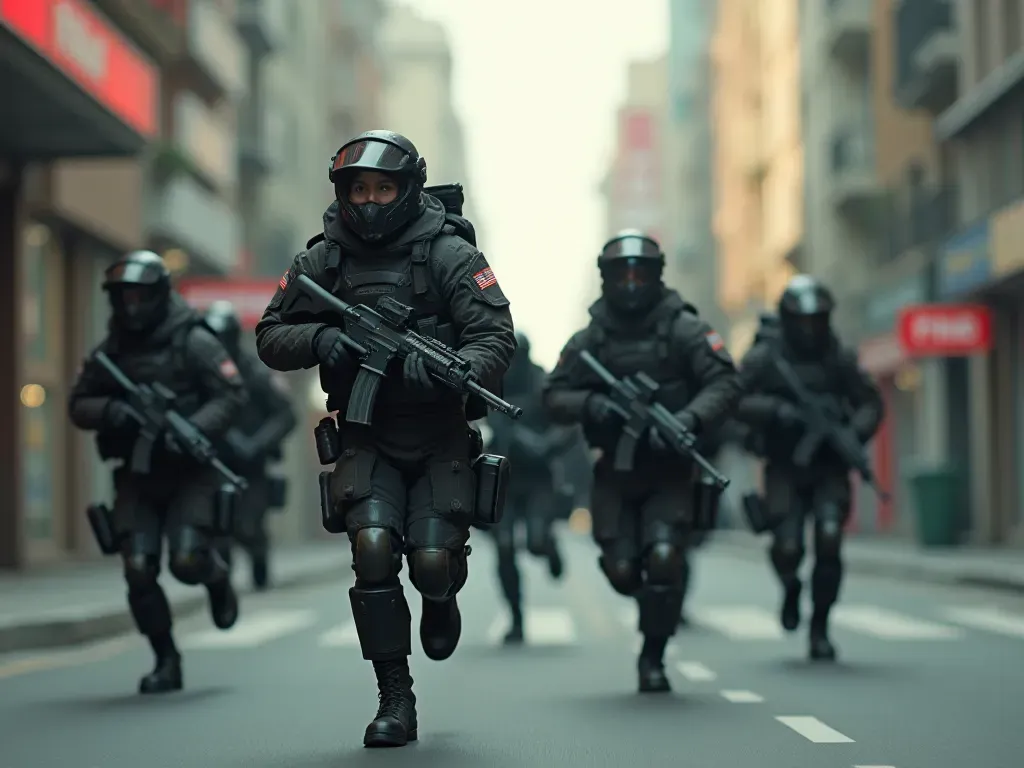 Dynamic action shot of soldiers running through urban environment with motion blur effects highlighting speed and movement while holding futuristic weapons under dramatic lighting conditions showing intense combat scenario
