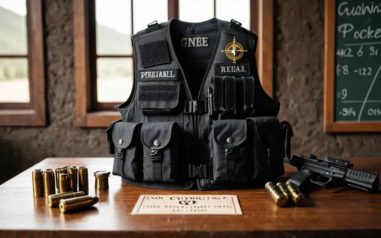 Editorial still life featuring a tactical vest laid out neatly on a wooden table alongside various ammunition clips and a compass with natural light casting soft shadows emphasizing texture details without any text present.
