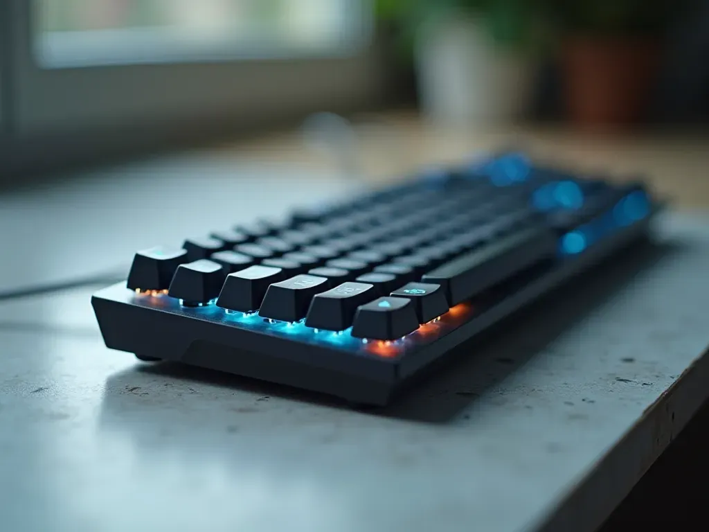 Editorial still life of a mechanical keyboard with illuminated keys in soft white light, placed on a clean concrete surface, minimalist composition with shallow depth of field highlighting the texture of the keycaps
