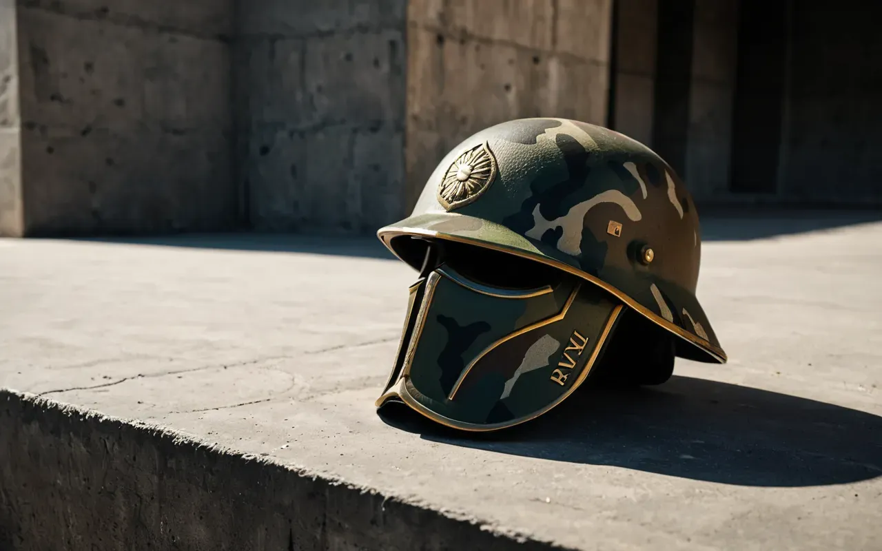 Editorial still life of a stylized soldier helmet resting on a concrete surface with dramatic shadows and soft diffused light highlighting the textured camouflage pattern in muted earth tones.