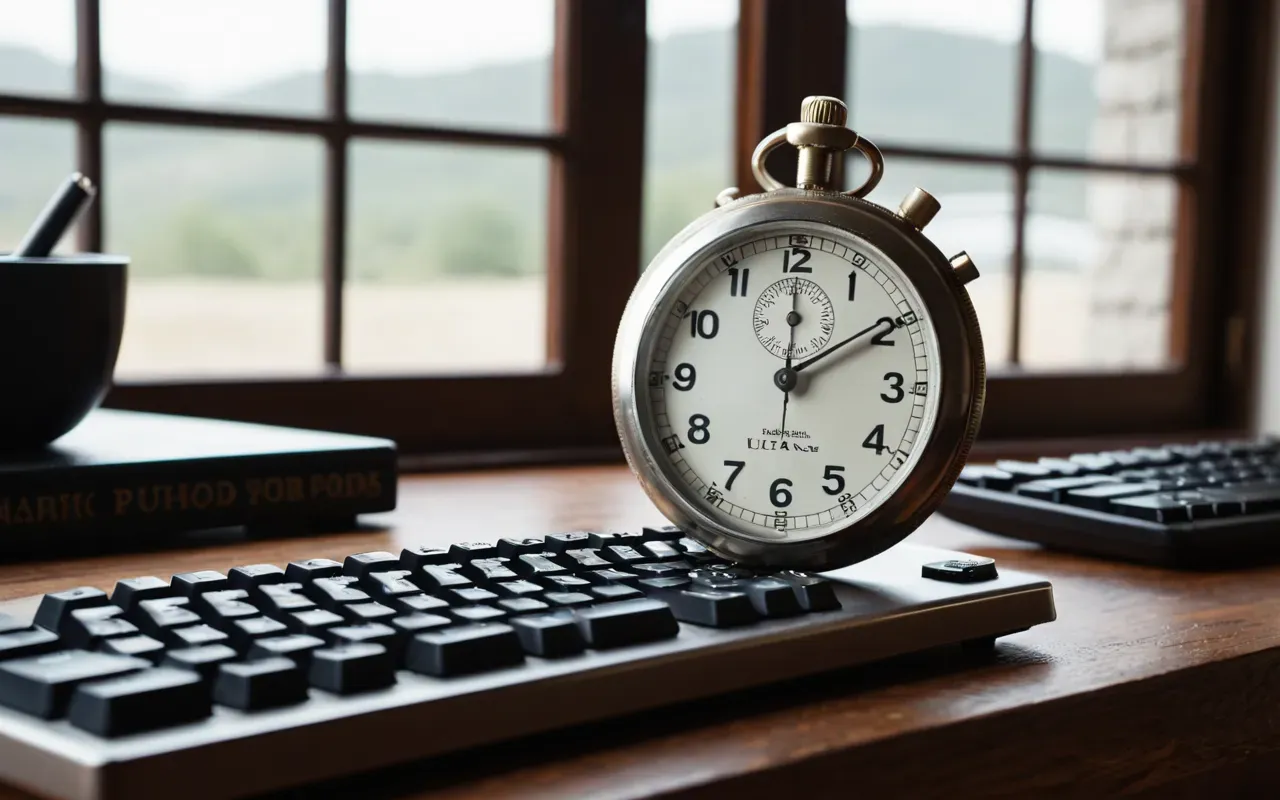 Editorial still life of a vintage analog stopwatch resting next to a modern mechanical keyboard on a wooden desk with soft natural window light creating long shadows.