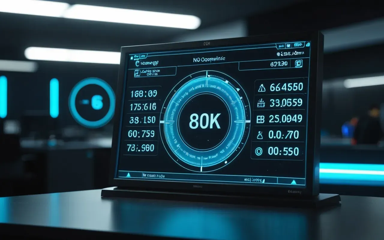 Futuristic interface concept art showing holographic display floating above desk surface displaying circular progress indicators soft blue glow surrounding dark wooden furniture modern office interior