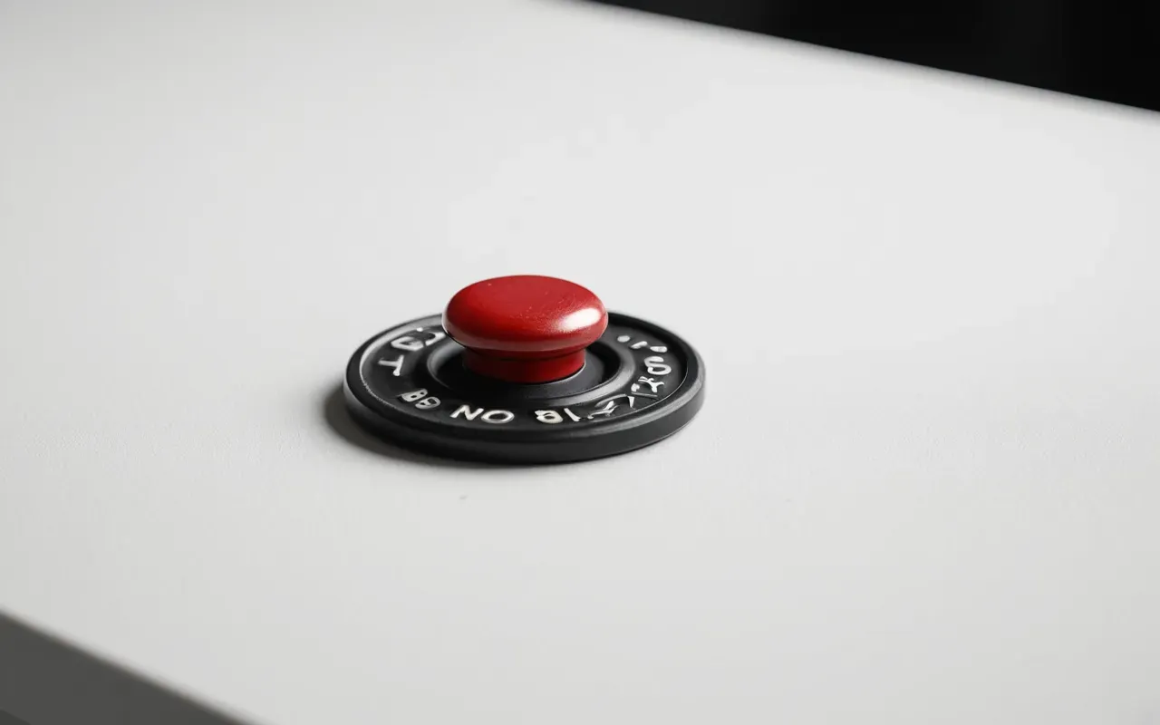Minimalist studio photography of a single red button on a clean white desk surface with soft shadow casting suggesting pressure and tension without any text or branding.