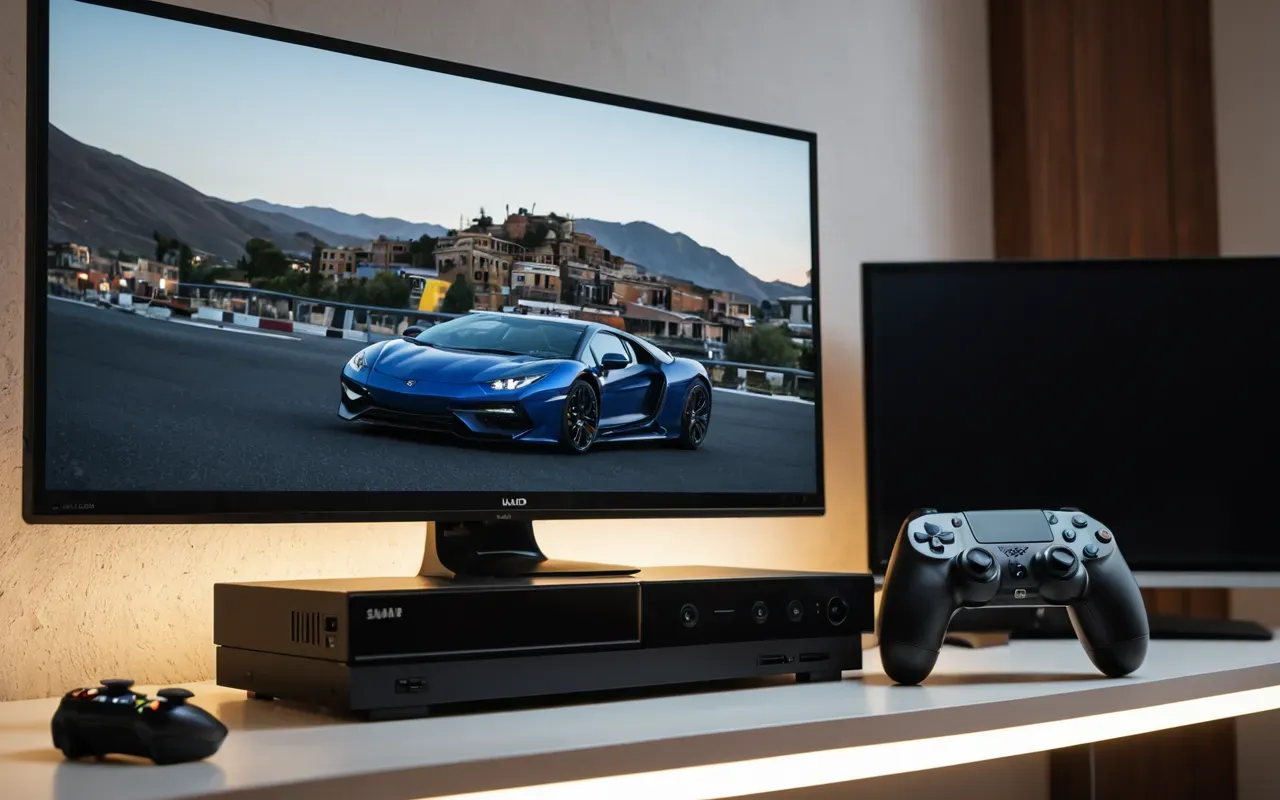 Modern gaming console setup with controller resting on a sleek stand beside a large monitor displaying vibrant abstract graphics without any readable text visible in the scene