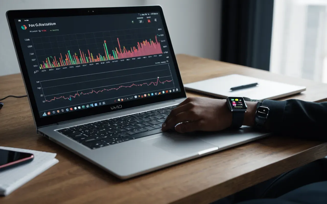 Modern minimalist desk setup with a laptop showing abstract data visualization and a smartwatch displaying notification icons on the wrist