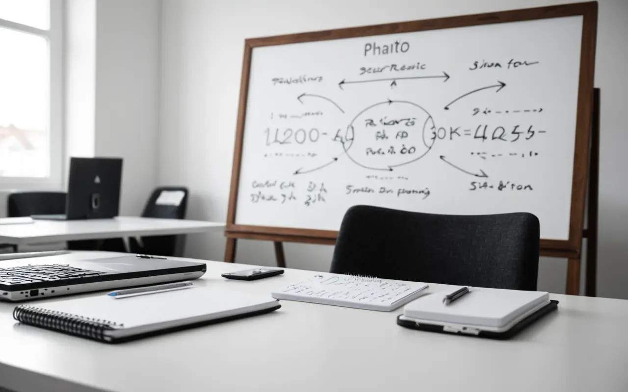 Modern minimalist workspace featuring a clean white desk with an open notebook showing hand-drawn sketches and arrows representing strategic planning without digital screens or text overlays.