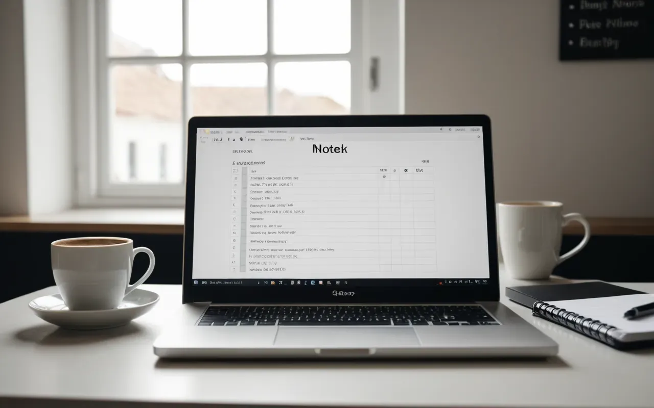 Modern workspace featuring a laptop displaying simple checklist notes next to coffee cup and notebook on clean white surface bathed in natural window light