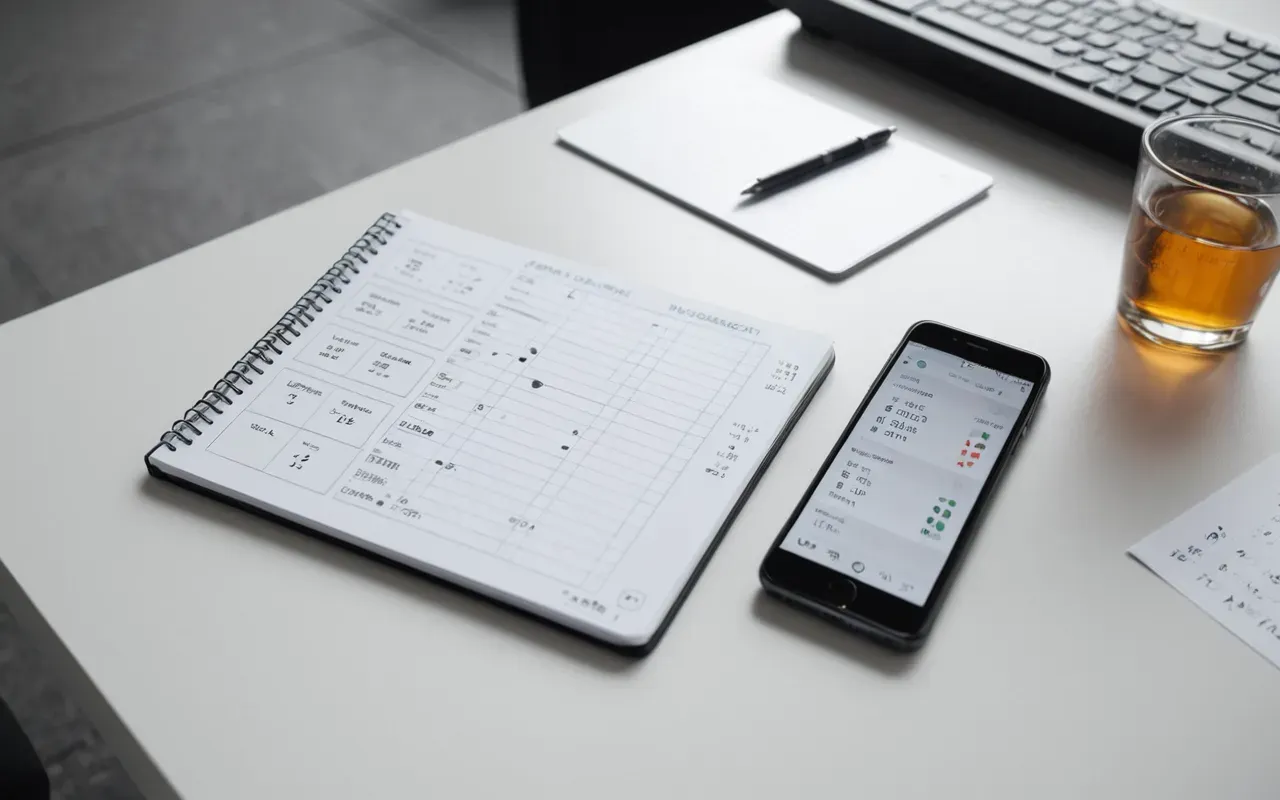 Overhead view of a clean white desk with a smartphone displaying abstract charts and a notebook with handwritten numbers next to it