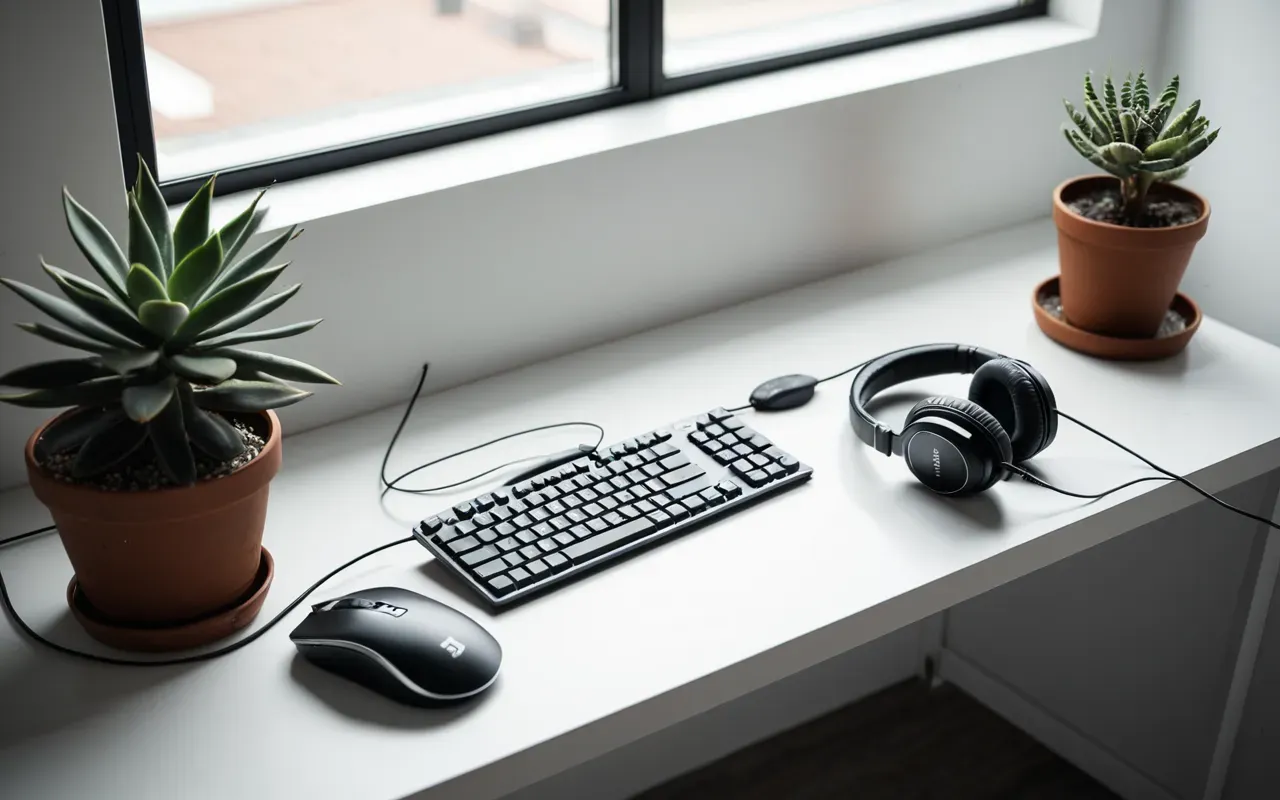 Overhead view of a clean white desk with a gaming mouse and headset resting on it next to a small potted succulent plant under bright natural light from a window.