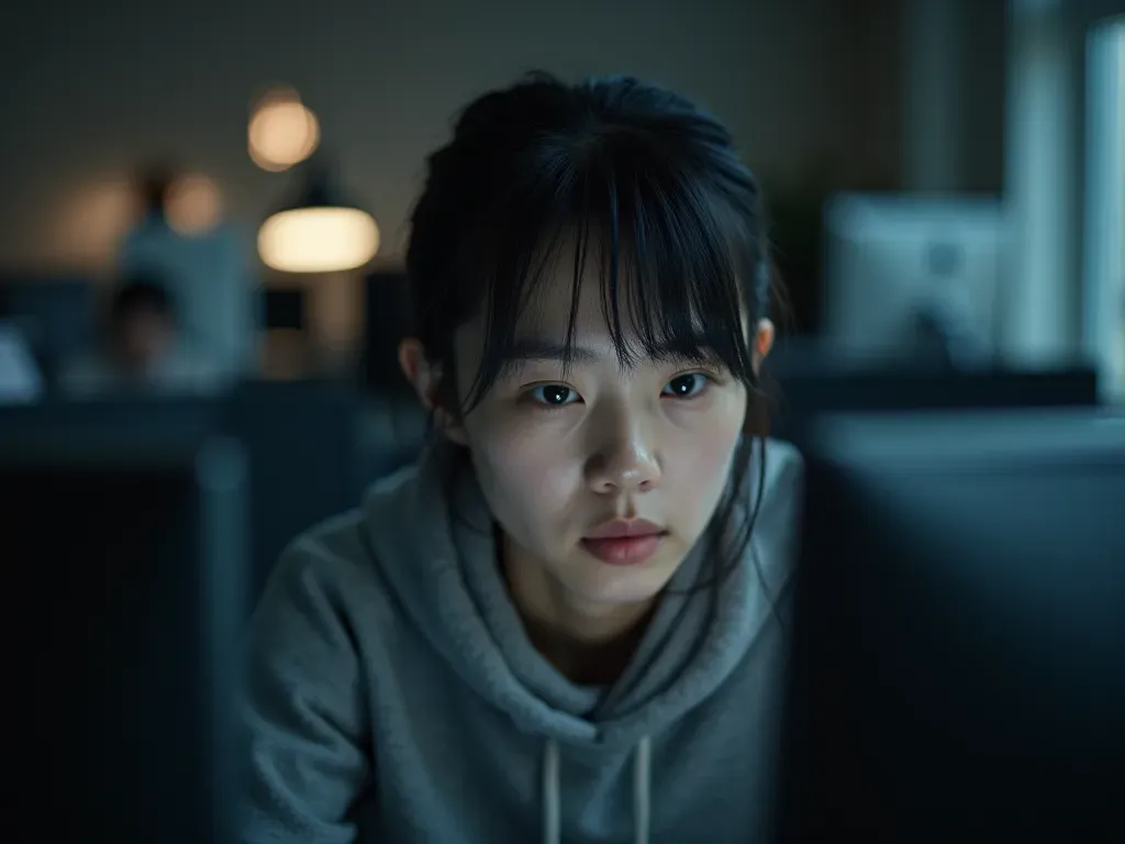 Person staring intently at computer monitor with focused expression