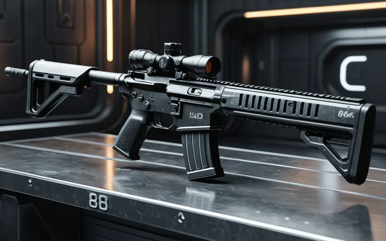 Photorealistic render of a futuristic assault rifle resting on a metallic surface with subtle lighting highlights emphasizing the detailed texture and sleek design without any logos or text visible