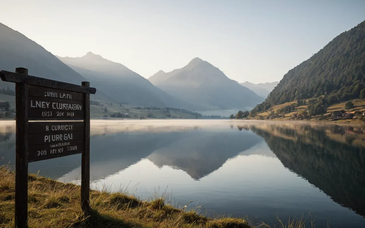 Serene landscape photograph showing calm lake reflecting misty mountains early morning sunlight filtering through fog creating ethereal peaceful mood natural scenery untouched development