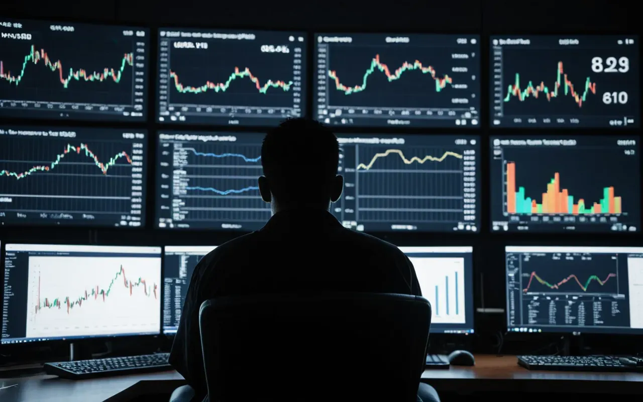 Silhouette of a person sitting alone watching multiple monitors displaying colorful graphs and charts in a darkened control room environment