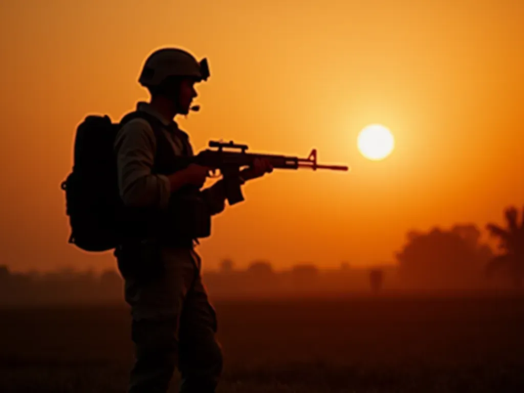 Silhouette of soldier holding rifle against sunset backdrop