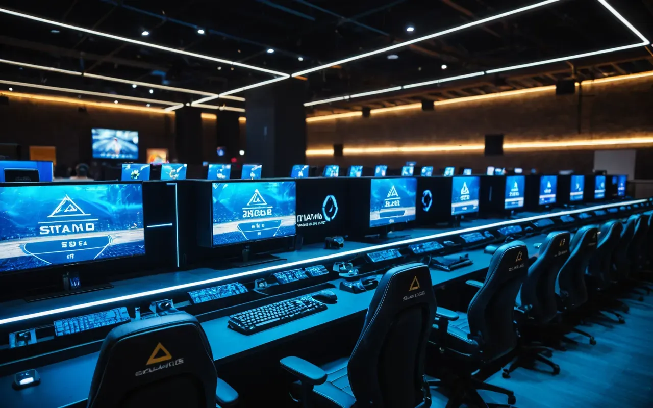 Wide angle photograph of a modern esports arena interior showing rows of empty gaming stations with ergonomic chairs and monitor setups illuminated by subtle blue LED strip lighting creating a calm professional atmosphere devoid of any text signage.