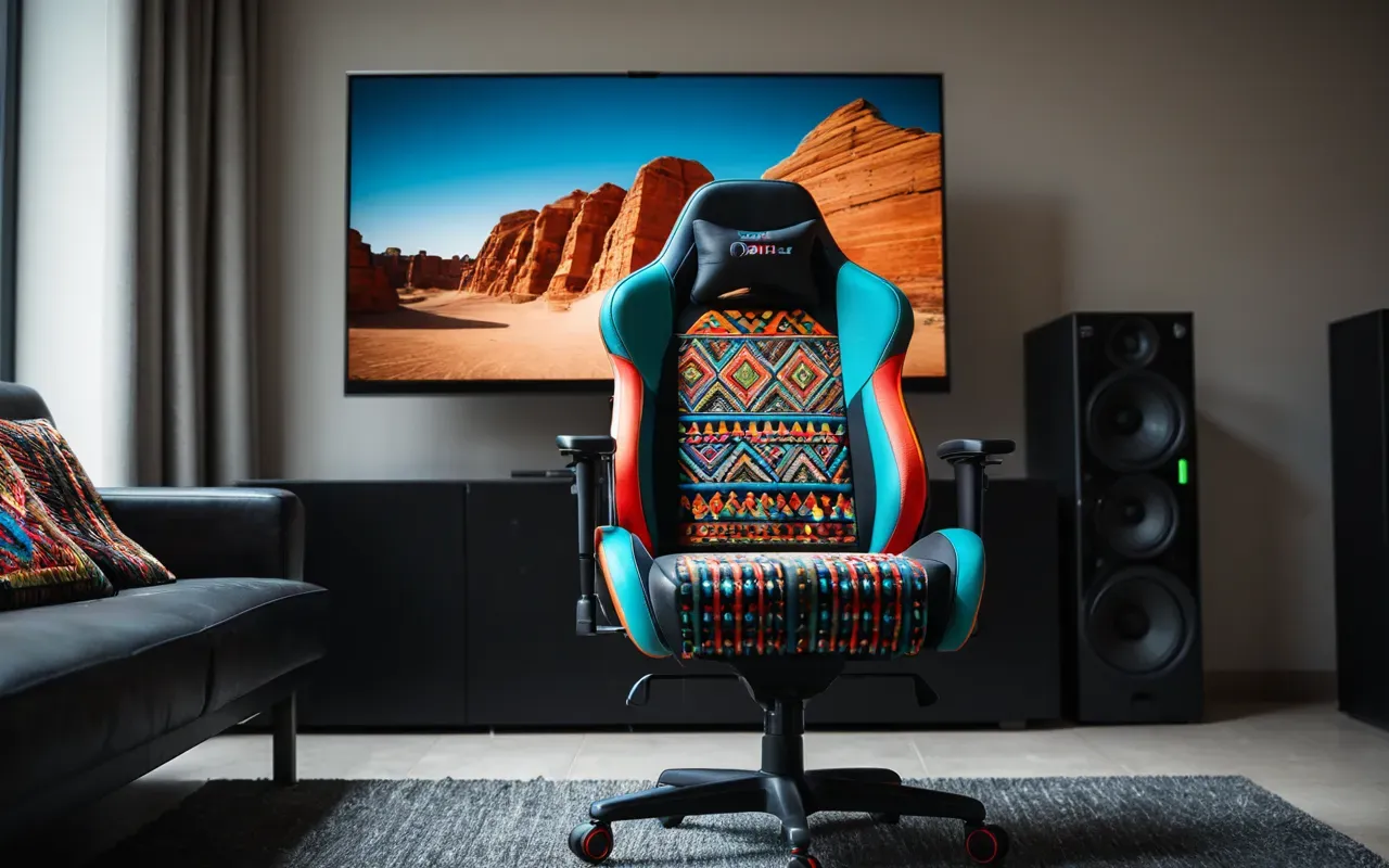 Wide angle photograph of an empty modern gaming chair facing a large television screen displaying vibrant colorful abstract geometric patterns representing digital art style without recognizable characters or text elements present.