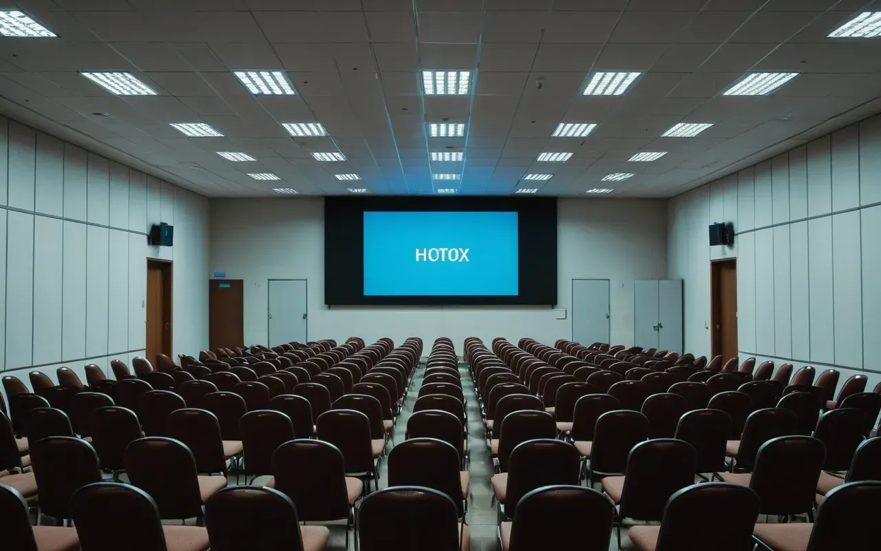 Wide angle view of empty conference room with rows of chairs facing large blank projection screen illuminated by bright fluorescent ceiling lights sterile atmosphere