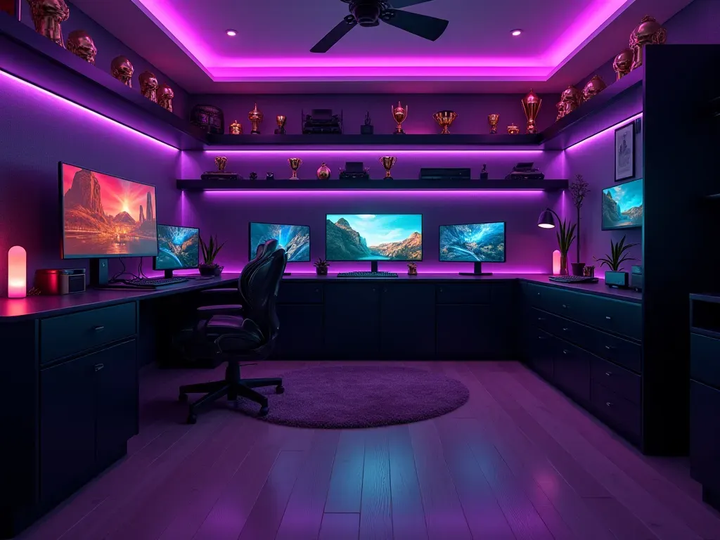 Wide angle view of modern gaming room with sleek black furniture illuminated by purple LED strips showing organized equipment and trophies on shelves reflecting dedication to competitive play environment without any visible text or logos present in scene composition
