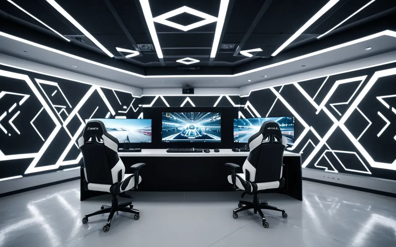 Wide shot of a modern gaming room with two large monitors displaying abstract geometric patterns, ergonomic chair in the center, cool white lighting from ceiling fixtures.