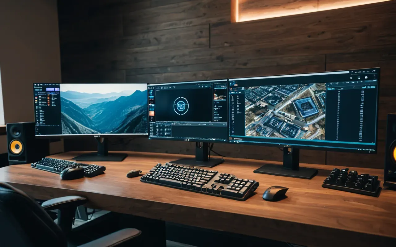Wide shot of a modern gaming room with two high-end monitors displaying abstract color patterns and a mechanical keyboard on a wooden desk