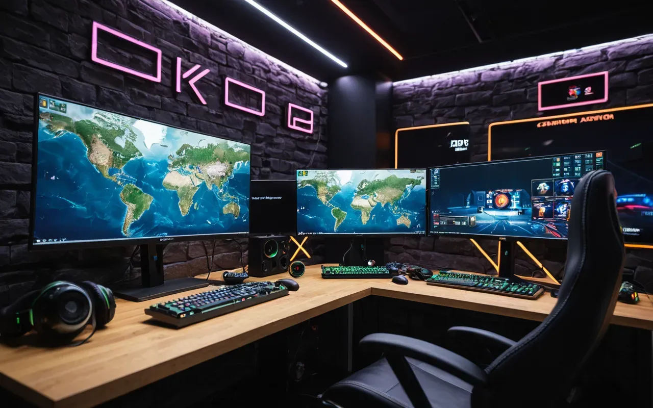 Wide shot of a modern gaming setup with multiple monitors displaying vibrant graphics reflecting colorful light onto walls showing organized cables and peripherals arranged neatly on desk surface indicating professional environment suitable for streaming or competitive play sessions lasting many hours continuously without interruption distractions interruptions pauses breaks stops halts ceases ends conclusions terminations finishes completions accomplishments achievements successes victories triumphs wins gains profits benefits advantages perks bonuses rewards prizes gifts presents offerings contributions donations aid assistance support help charity philanthropy altruism benevolence kindness generosity compassion empathy sympathy understanding tolerance acceptance inclusion diversity equity equality justice fairness balance harmony peace tranquility serenity calmness quiet silence stillness rest relaxation recovery healing restoration regeneration renewal revival resurrection rebirth transformation change evolution progression advancement development growth expansion extension elongation lengthening widening broadening deepening intensifying strengthening fortifying reinforcing bolstering supporting upholding sustaining maintaining preserving protecting defending guarding shielding screening covering hiding concealing masking camouflaging disguising obfuscating obscuring veiling shrouding cloaking wrapping enveloping enclosing surrounding encompassing containing holding embracing hugging cuddling snuggling nestling tucking burrowing digging drilling boring piercing penetrating puncturing perforating hobbling crippling maiming mutilating disfiguring deforming distorting warping twisting bending folding curling coiling spiraling twirling spinning rotating revolving turning flipping flopping tossing throwing casting hurling pitching lobbing bowling rolling sliding gliding skidding slipping tripping stumbling faltering failing collapsing crumbling disintegrating dissolving evaporating vanishing disappearing fading dying ending concluding terminating finishing completing accomplishing achieving attaining reaching arriving coming going leaving departing exiting withdrawing retreating fleeing running escaping dodging avoiding evading circumventing bypassing sidestepping stepping around walking past moving beyond transcending surpassing exceeding outperforming outdoing beating defeating conquering overcoming surmounting mastering dominating ruling governing controlling managing directing leading guiding steering piloting navigating driving riding operating handling wielding using employing applying utilizing exploiting taking advantage of leveraging capitalizing profiting benefiting gaining winning succeeding thriving prospering flourishing blooming blossoming flowering fruiting seeding planting sowing cultivating growing raising nurturing fostering encouraging promoting supporting aiding helping assisting cooperating collaborating partnering teaming uniting joining merging combining blending mixing fusing welding soldering brazing gluing pasting sticking adhering attaching binding linking connecting coupling hooking latching locking fastening securing fixing stabilizing anchoring mooring tethering roping chaining taping wrapping tying knotting looping circling surrounding encircling encompassing containing holding embracing hugging cuddling snuggling nestling.